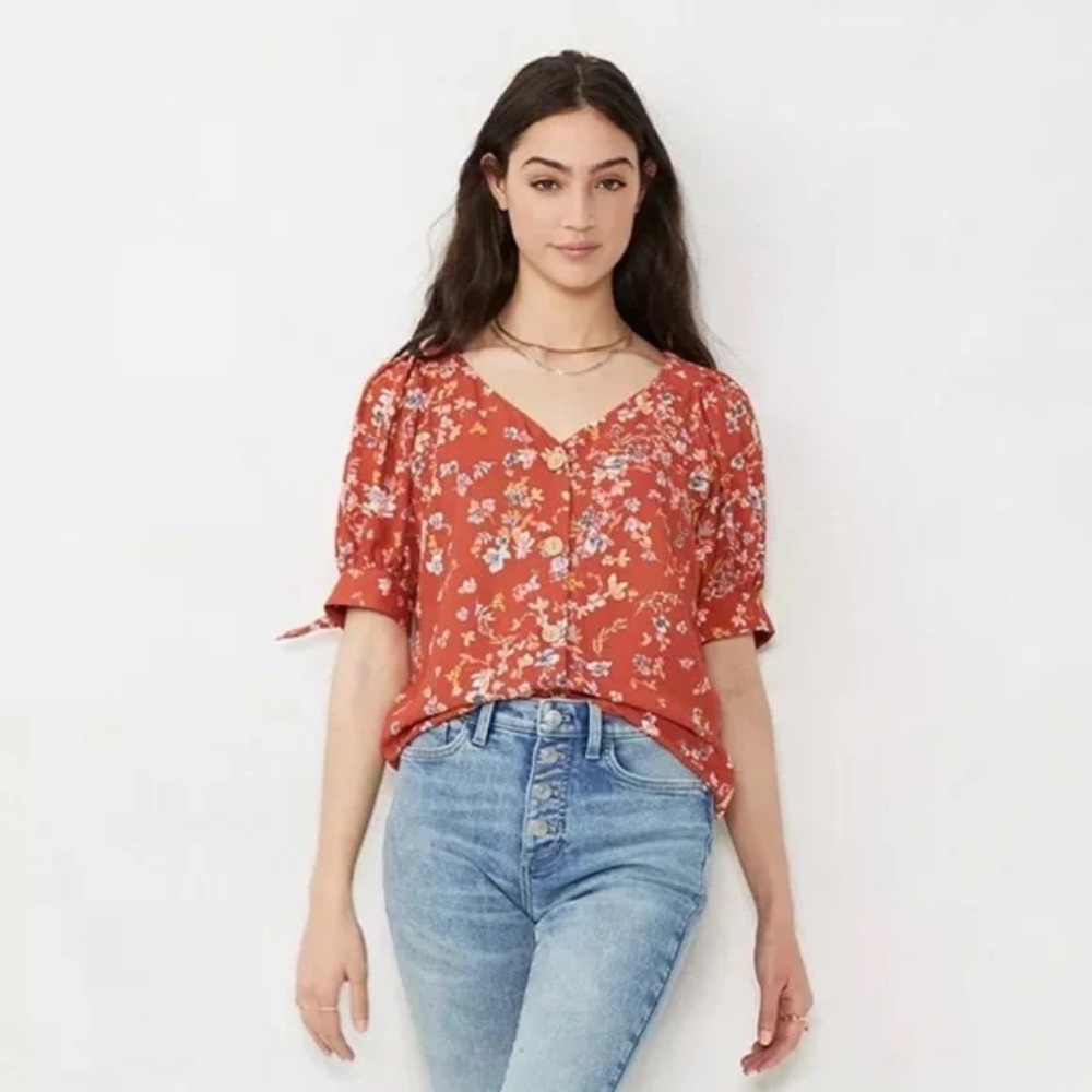 LC Lauren Conrad V-Neck Fall Floral Button-Front Blouse - Size XXL